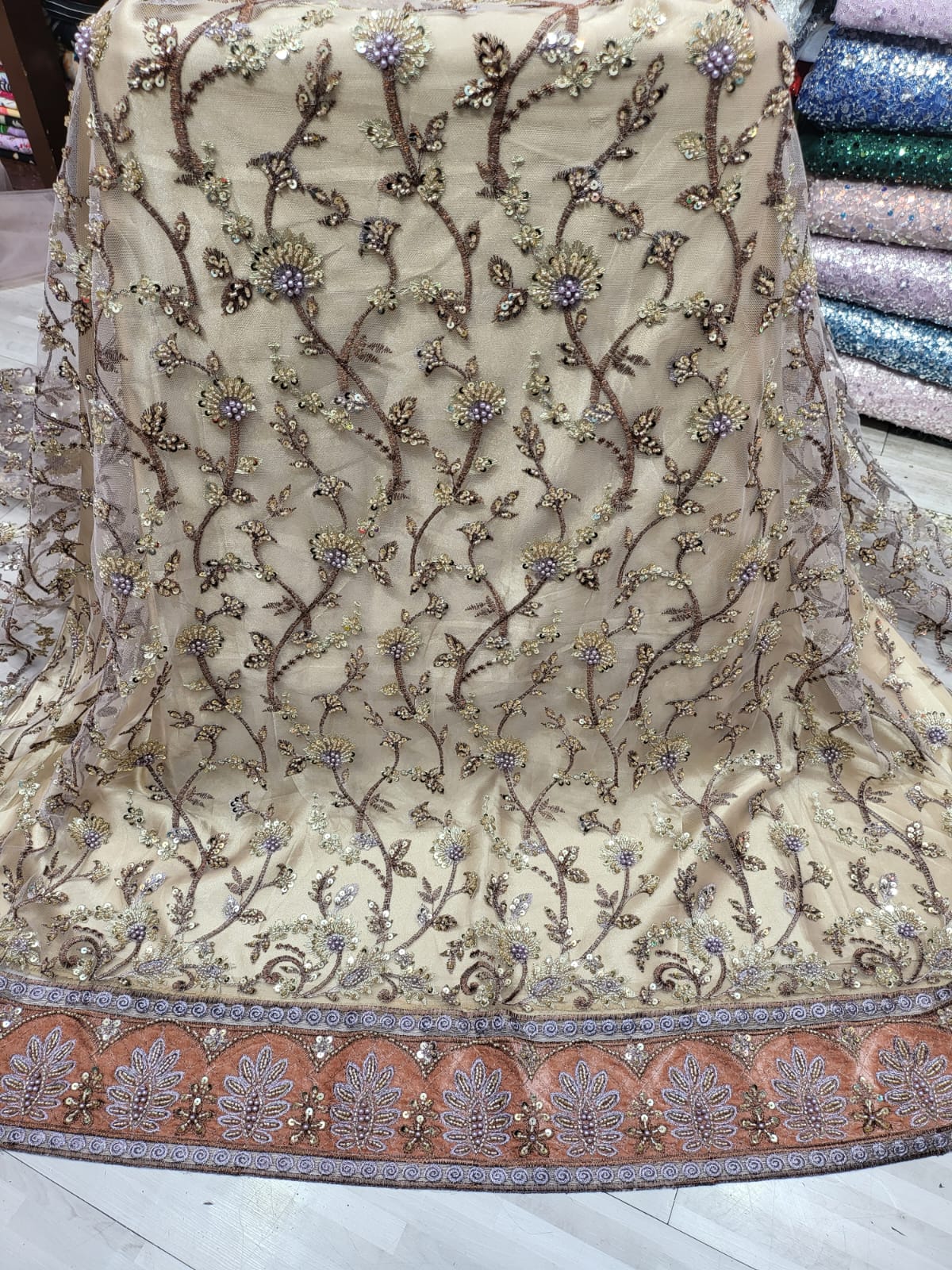 Imported Net Heavy Handwork Cutdana, Moti, Sequence work with Heavy Velvet lace daman
